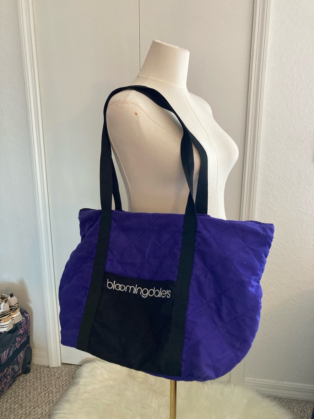 Bloomingdale's Purple Quilted Tote with Black Straps